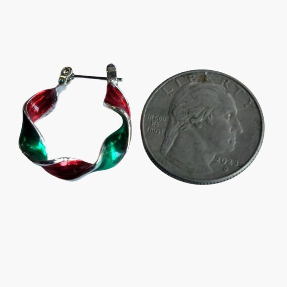 Red Green Enamel Hoop Earrings Emerald Vintage Holiday Christmas Jewelry - Picture 2 of 4